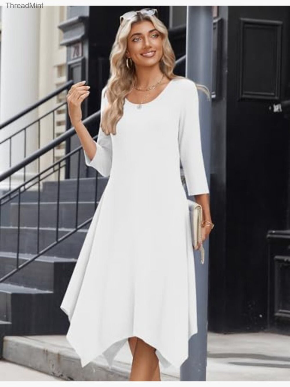 Midi Dress 3/4 Sleeve A-Line with Pockets Casual Beach Sundress - Picture 2 of 7